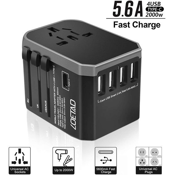 UK 3.0A USB Type-C for Canada Asia 150 Countries International Power Adapter Electric Outlet Converters Wall Charger AC Plug with 4 x 2.4A USB Ports Europe fo USA Universal Travel Adapter AU 